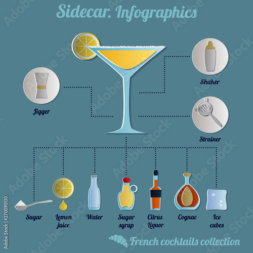 Sidecar cocktail infographics. Illustration of the recipe and cooking process. Paper cut style
