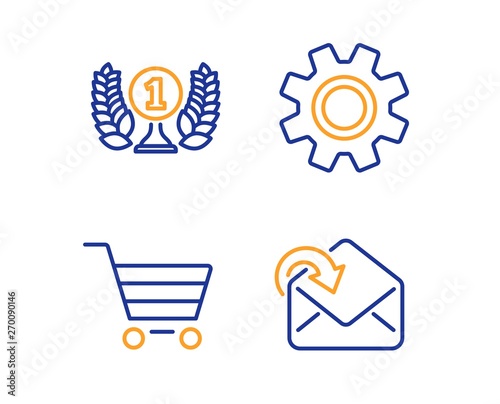 Laureate award, Market sale and Service icons simple set. Receive mail sign. Prize, Customer buying, Cogwheel gear. Incoming message. Linear laureate award icon. Colorful design set. Vector