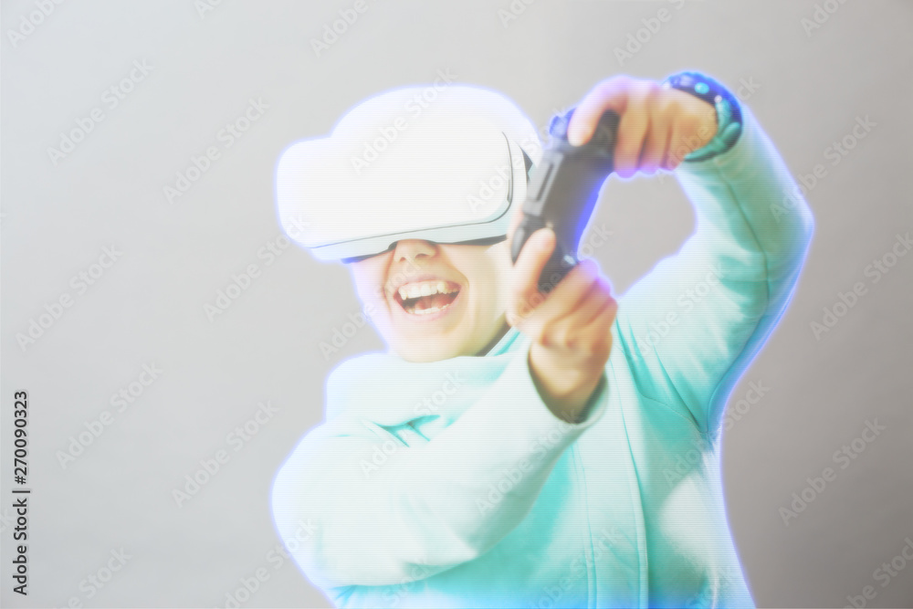 Woman with virtual reality headset is playing game. Image with hologram effect. Woman with virtual reality headset is playing game. Image with hologram effect.