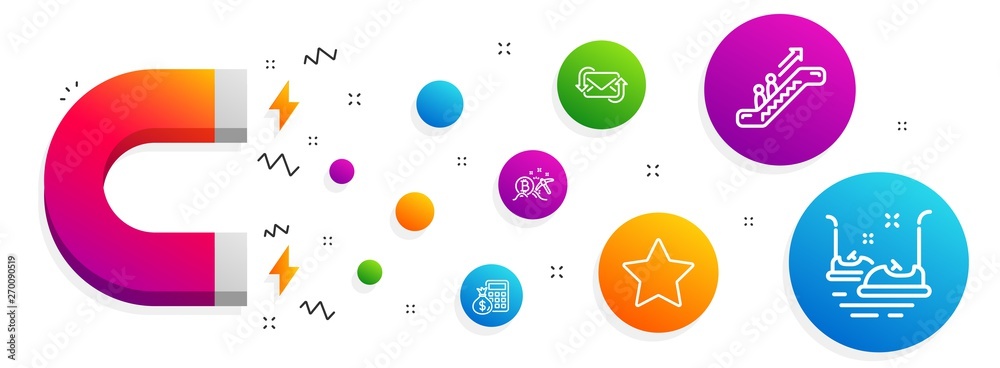 Magnet attracting. Refresh mail, Bitcoin mining and Finance calculator icons simple set. Escalator, Star and Bumper cars signs. New e-mail, Cryptocurrency pickaxe. Technology set. Vector Magnet attracting. Refresh mail, Bitcoin mining and Finance calculator icons simple set. Escalator, Star and Bumper cars signs. New e-mail, Cryptocurrency pickaxe. Technology set. Vector