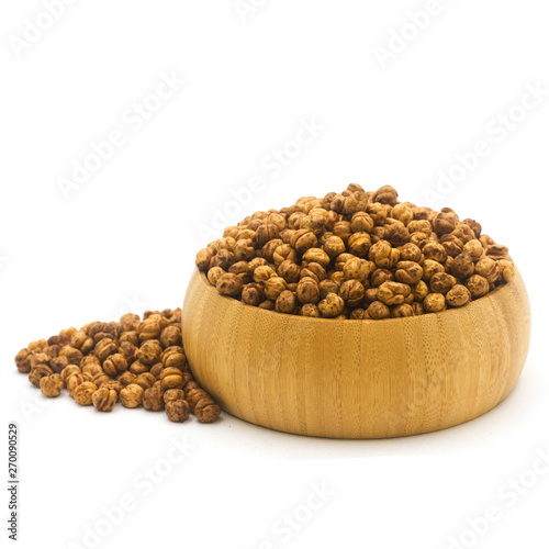 Roasted Chickpeas in Wooden Bowl – Crunchy Traditional Snack on White Background