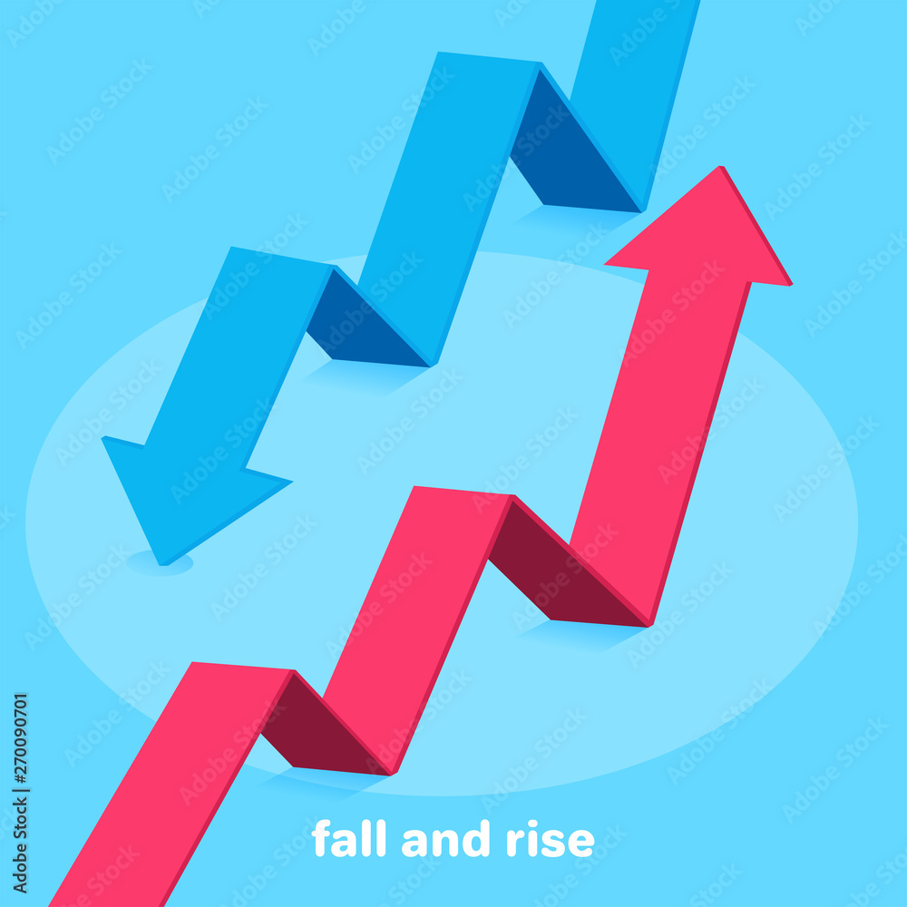 isometric vector image on a blue background, a red arrow going up and blue down, success or failure in business isometric vector image on a blue background, a red arrow going up and blue down, success or failure in business