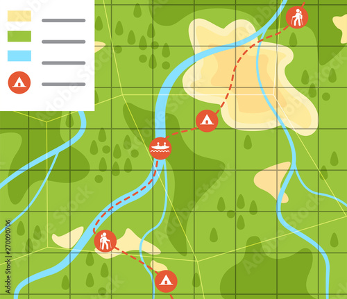 flat vector image on green background, travel map with highlighted itinerary and camping places.