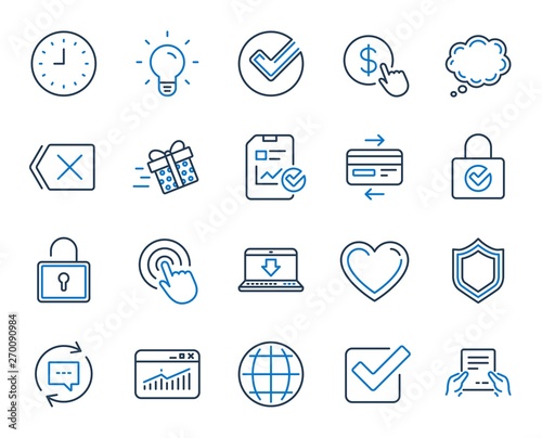 Report document, Time line icons. Statistics, Gift box and Light bulb icons. Credit card, Download document and Lock. Gift delivery, Check report and Protection Shield. Clock time, light bulb. Vector