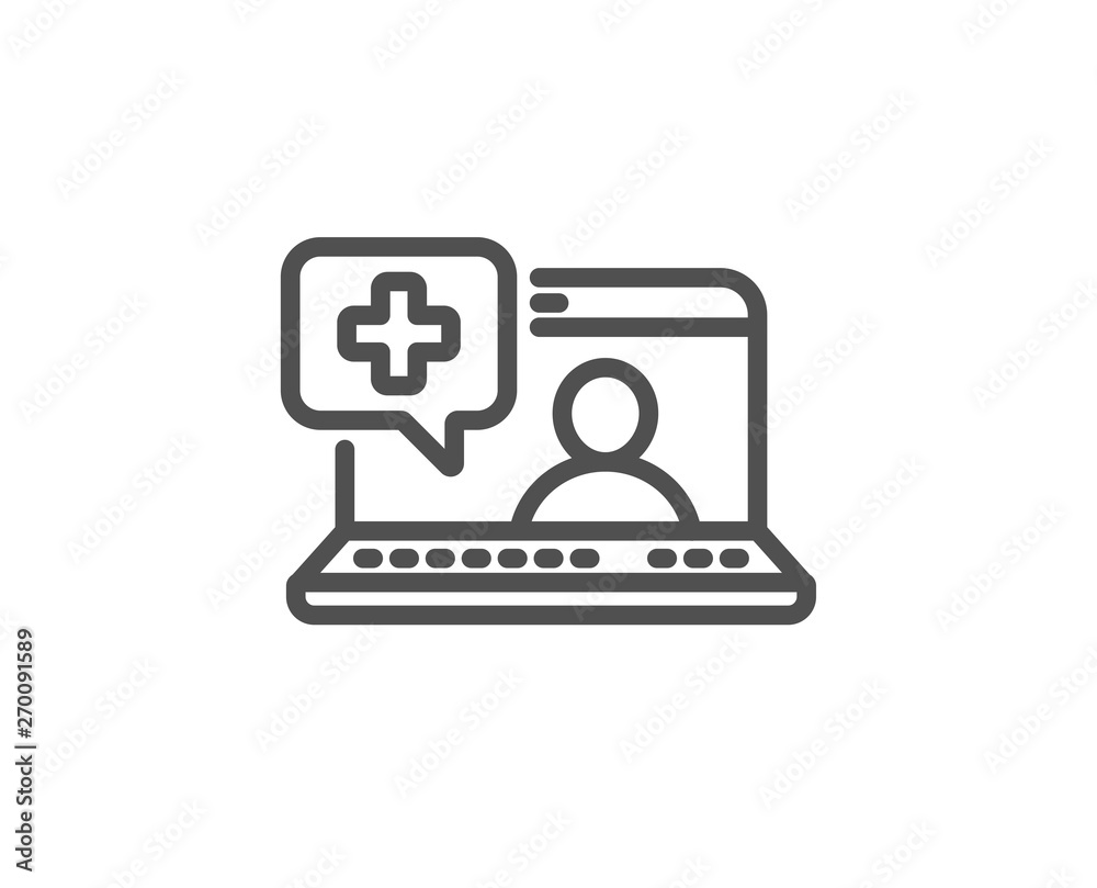 Medicine laptop line icon. Online medical help sign. Quality design element. Linear style medical help icon. Editable stroke. Vector Medicine laptop line icon. Online medical help sign. Quality design element. Linear style medical help icon. Editable stroke. Vector
