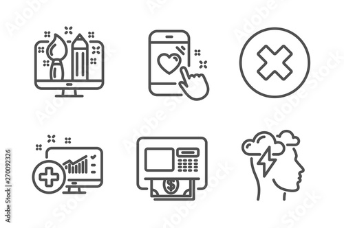 Medical analytics, Creative design and Heart rating icons simple set. Close button, Atm and Mindfulness stress signs. Medicine system, Designer. Technology set. Line medical analytics icon. Vector