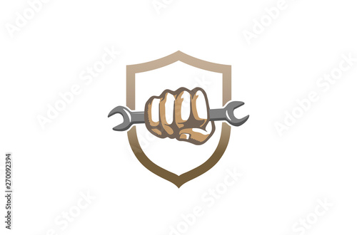 Creative Wrench Fist Shield Logo Design Symbol Vector Illustration