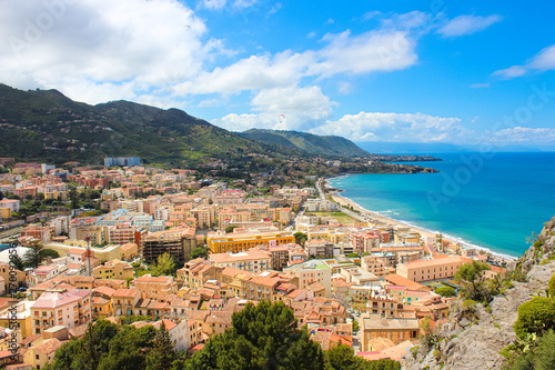 Beautiful view of Cefalu, Sicily, Italy taken from adjacent hills overlooking the bay. The amazing city on the Tyrrhenian coast is a popular summer holiday destination