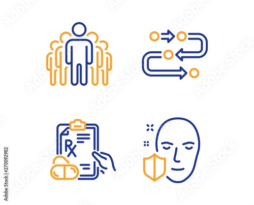 Group, Prescription drugs and Methodology icons simple set. Face protection sign. Managers, Pills, Development process. Secure access. Science set. Linear group icon. Colorful design set. Vector