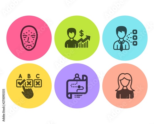 Business growth, Correct checkbox and Third party icons simple set. Face biometrics, Journey path and Woman signs. Earnings results, Answer. People set. Flat business growth icon. Circle button