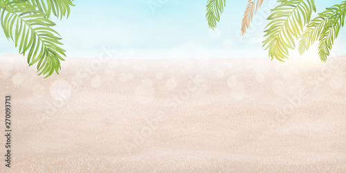 Hello summer vector banner design vacation concept. Poster Landscape Seashore Resort View with Beach, shiny ocean, sea water with bright sun, tropical Palm leaves. Summer vacation holiday, traveling.