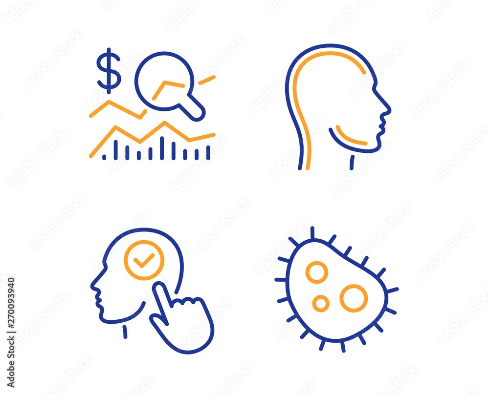 Fototapeta premium Select user, Head and Check investment icons simple set. Bacteria sign. Head with checkbox, Human profile, Business report. Antibacterial. Science set. Linear select user icon. Colorful design set