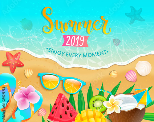 Summer 2019 top view banner. Hot sand and sea, cocktail, watermelon, mango and kiwi, tropical fruits on beach. Bright promo template for your design, web, sale.Vacation in tropical country.Vector