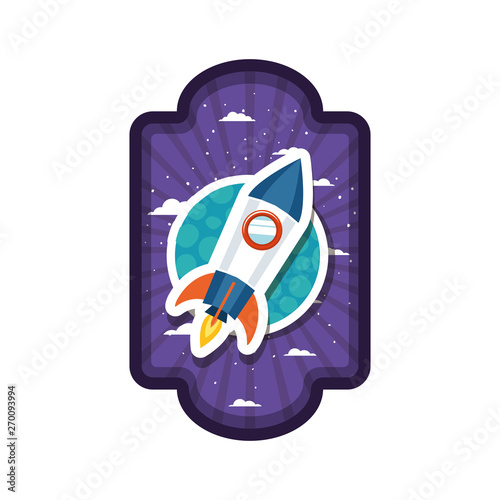 frame with rocket flying and planet of the solar system