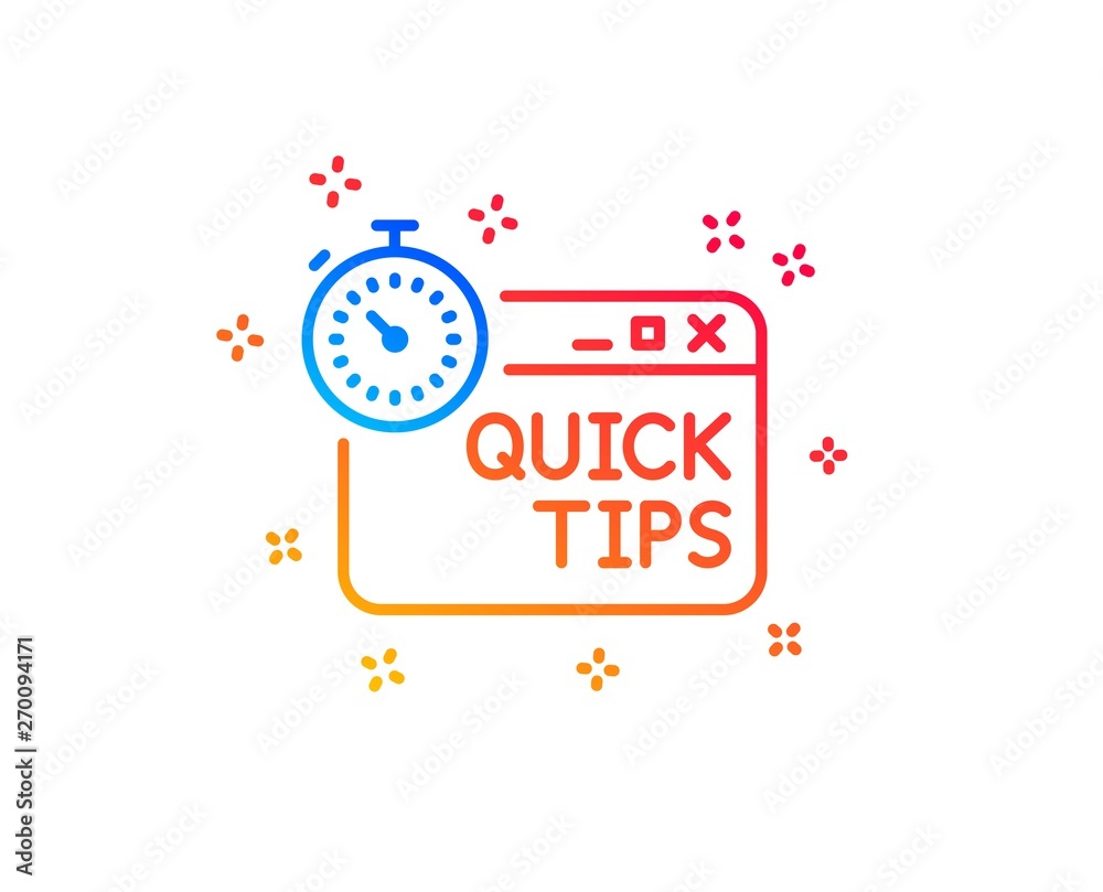 Quick tips line icon. Helpful tricks sign. Tutorials with timer symbol. Gradient design elements. Linear quick tips icon. Random shapes. Vector