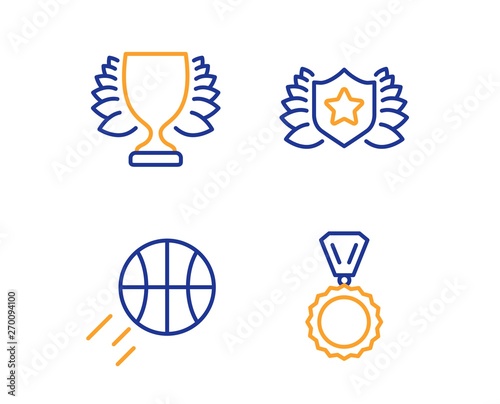 Winner, Laureate and Basketball icons simple set. Medal sign. Sports achievement, Award shield, Sport ball. Winner. Sports set. Linear winner icon. Colorful design set. Vector