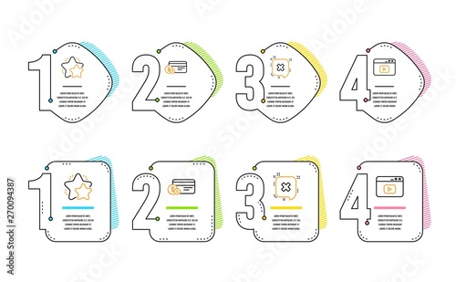 Payment method, Reject and Star icons simple set. Video content sign. Cash or non-cash payment, Delete message, Customer feedback. Browser window. Technology set. Infographic timeline. Vector