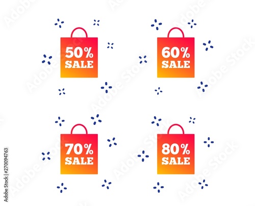 Sale bag tag icons. Discount special offer symbols. 50%, 60%, 70% and 80% percent sale signs. Random dynamic shapes. Gradient discount icon. Vector