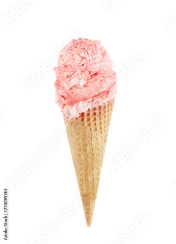 Strawberry ice cream scoops with cone isolated on white background