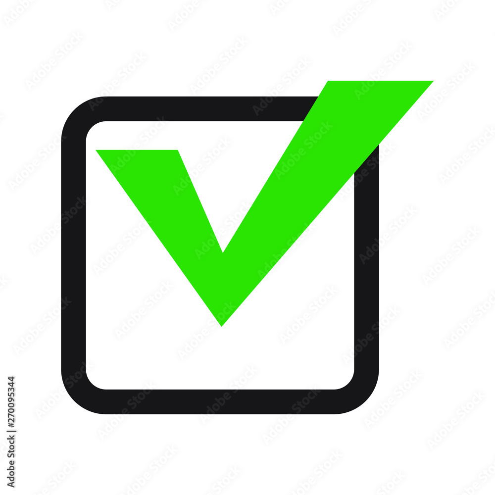 Tick icon vector symbol, checkmark isolated on white background, checked icon or correct choice sign, check mark or checkbox pictogram
