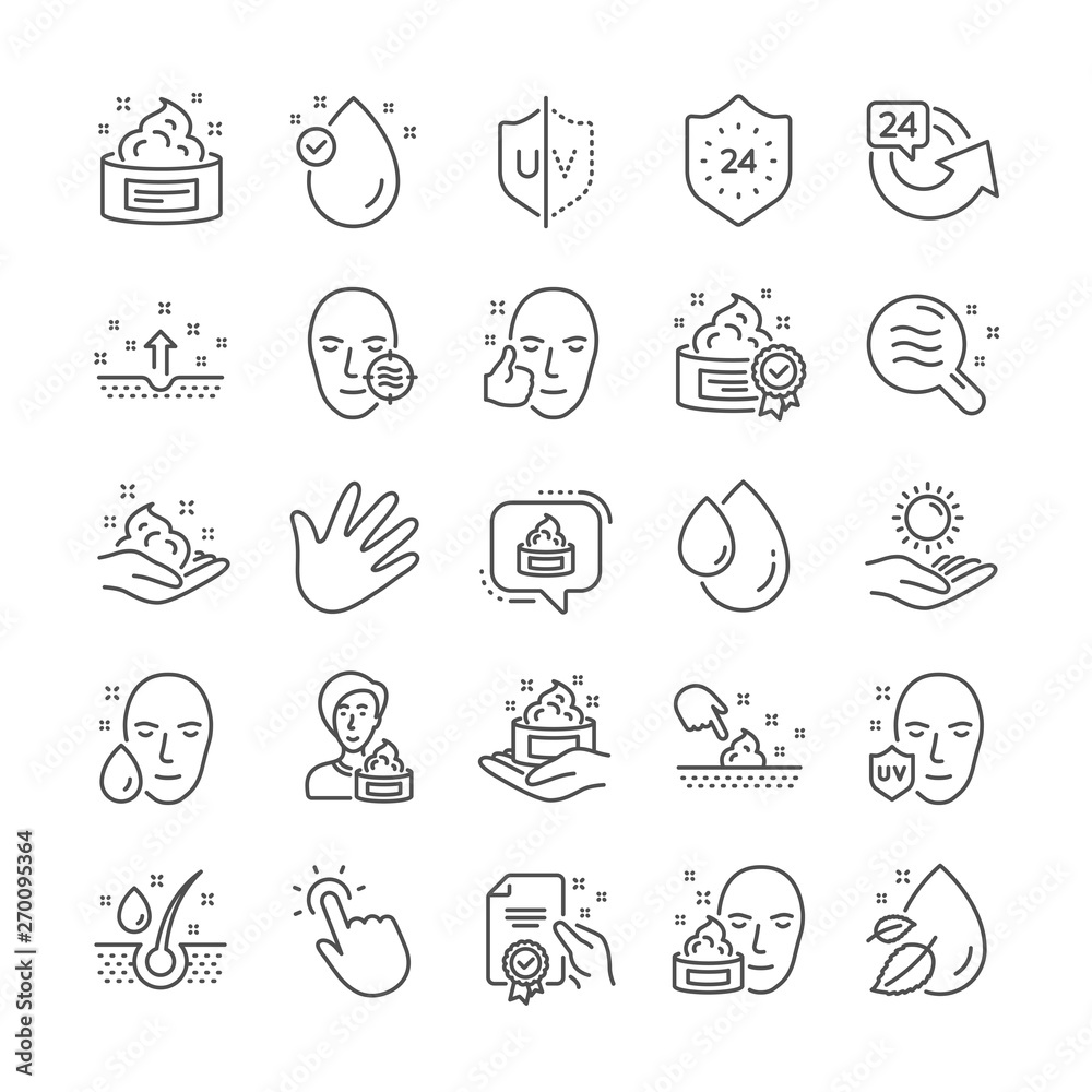 Skin care cosmetic line icons. Serum drop, Cream and Face gel or lotion icons. Uv protection. Oil, Vitamin E and Collagen symbols. 24 hour face care cream protection. Medical skin cosmetic. Vector