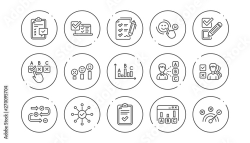 Survey or Report line icons. Opinion, Customer satisfaction and Feedback results. Testing linear icon set. Line buttons with icon. Editable stroke. Vector