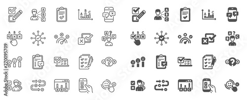 Survey, Report review line icons. Opinion, Customer satisfaction feedback and Test icons. Checklist review, Quiz and Business report symbols. Evaluation quiz, Feedback chart, Management. Vector