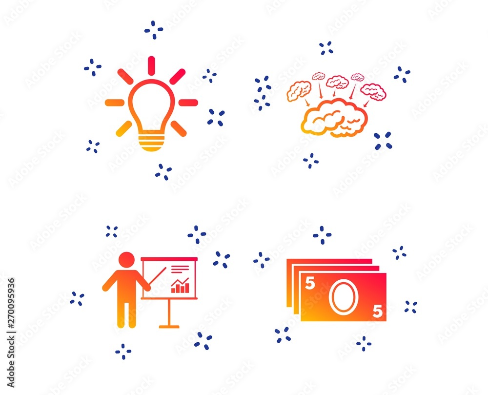 Fototapeta premium Presentation billboard, brainstorm icons. Cash money and lamp idea signs. Man standing with pointer. Scheme and Diagram symbol. Random dynamic shapes. Gradient teamwork icon. Vector