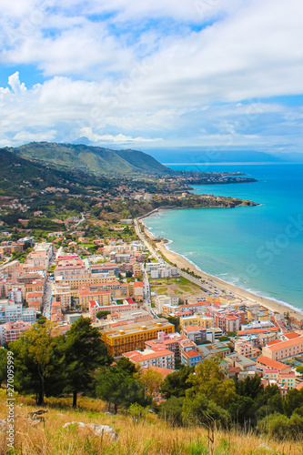 Beautiful seascape in Sicilian Cefalu, Italy photographed from adjacent hills overlooking the bay. The city on Tyrrhenian coast is a popular summer vacation destination