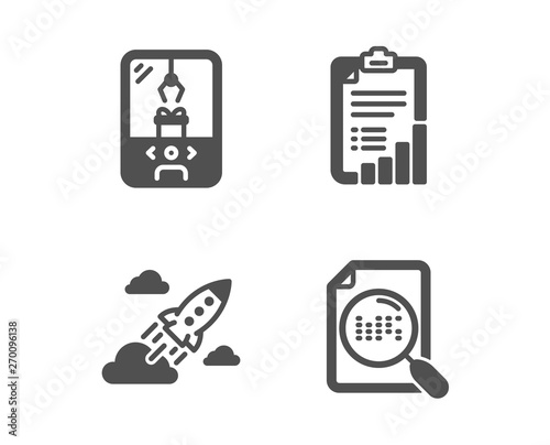 Set of Startup rocket, Checklist and Crane claw machine icons. Search file sign. Business innovation, Graph report, Attraction park. Find document.  Classic design startup rocket icon. Flat design