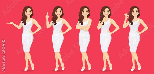 Smiling beatiful woman with curly hairstyle in dress set with different gestures isolated vector illustration