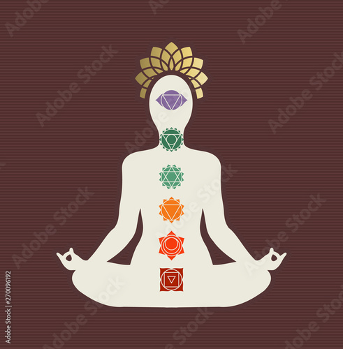 Yoga lotus pose concept with chakra icons