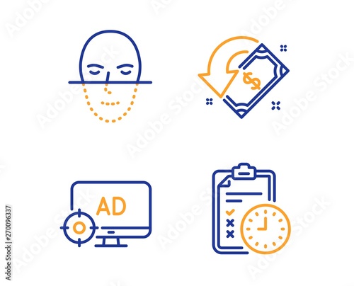 Face recognition, Cashback and Seo adblock icons simple set. Exam time sign. Faces biometrics, Receive money, Search engine. Checklist. Technology set. Linear face recognition icon. Vector