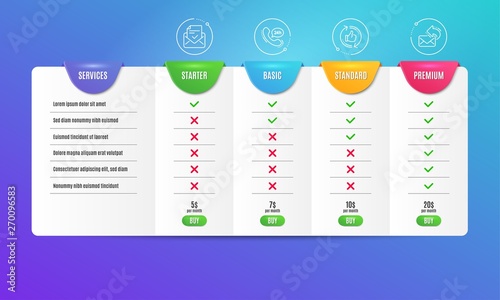 24h service, Approved mail and Refresh like icons simple set. Comparison table. Share mail sign. Call support, Confirmed document, Thumbs up counter. New e-mail. Technology set. Pricing plan. Vector