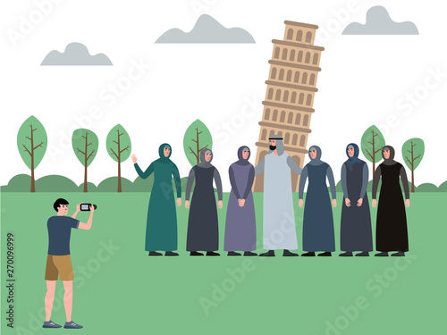 Muslim family, man with a harem. Photographed against the background of attractions, the Leaning Tower. In minimalist style Cartoon flat Vector