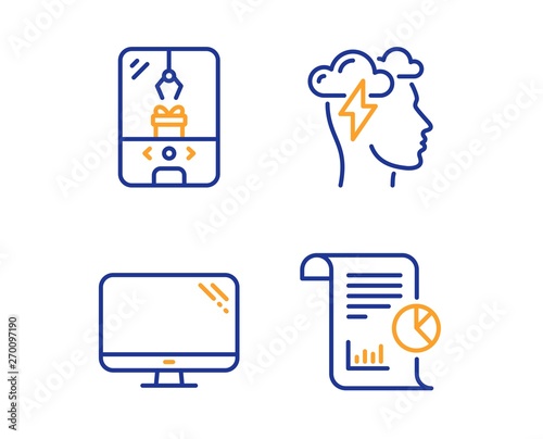 Crane claw machine, Computer and Mindfulness stress icons simple set. Report sign. Attraction park, Pc component, Cloud storm. Work analysis. Technology set. Linear crane claw machine icon. Vector