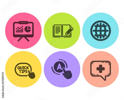 Ab testing, Globe and Presentation icons simple set. Quick tips, Feedback and Medical chat signs. A test, Internet world. Science set. Flat ab testing icon. Circle button. Vector