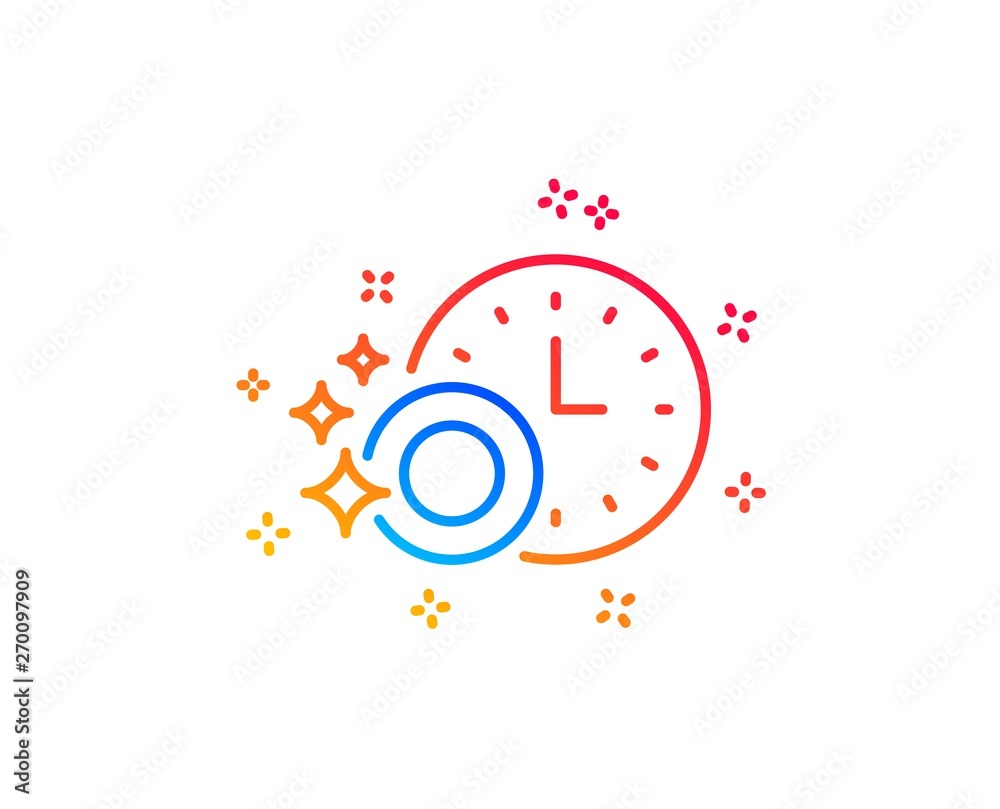 Cleaning dishes with Time line icon. Dishwasher sign. Clean tableware sign. Gradient design elements. Linear dishwasher timer icon. Random shapes. Vector