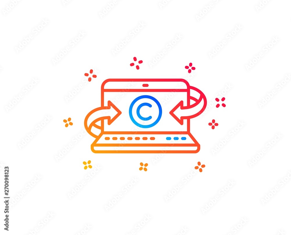 Obraz premium Copywriting notebook line icon. Ð¡opyright sign. Media content symbol. Gradient design elements. Linear copywriting notebook icon. Random shapes. Vector