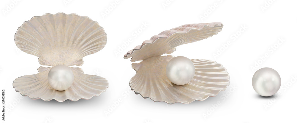 Set of sea shells with pearl inside. Collection gems, women's jewelry, nacre beads. For your banner, poster, logo. Set sea shells, shiny sea pearl isolated on white background, 3d illustration Set of sea shells with pearl inside. Collection gems, women's jewelry, nacre beads. For your banner, poster, logo. Set sea shells, shiny sea pearl isolated on white background, 3d illustration