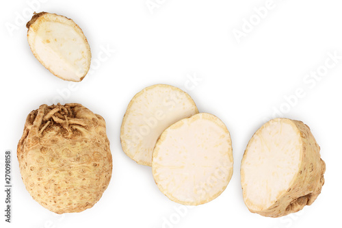 Fresh celery root isolated on white background. Top view. Flat lay. Set or collection