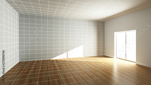 Empty room  customizable interior space. Original 3d rendering  wireframe texture on the walls