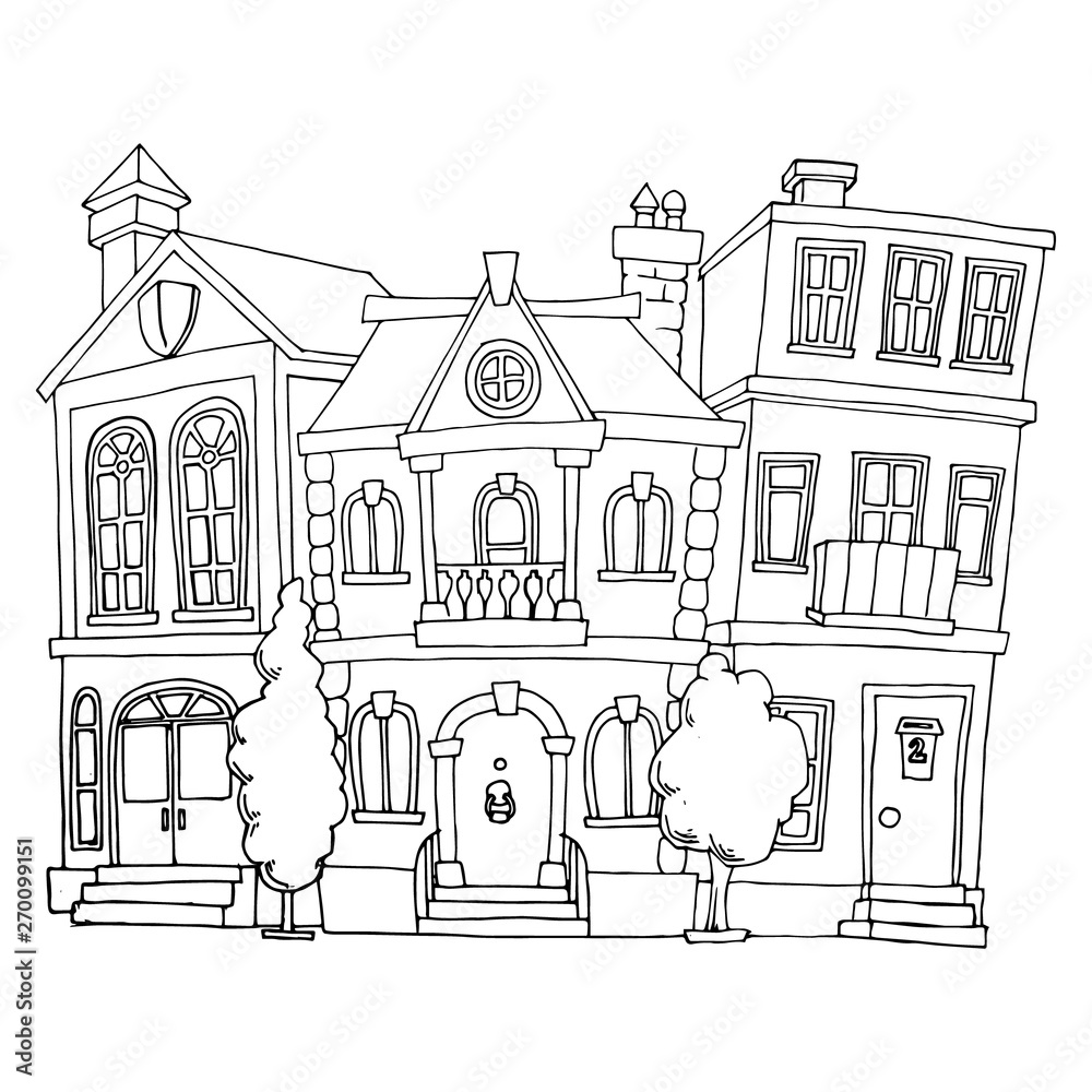 sketch of a street with houses drawing by hand