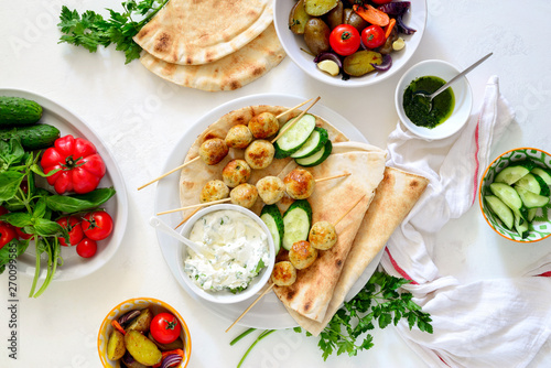 Принти на полотні Greek turkey meatballs with pita and tzatziki