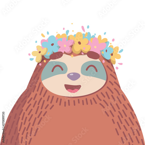 cute cartoon sloth with wreath of blooming flowers