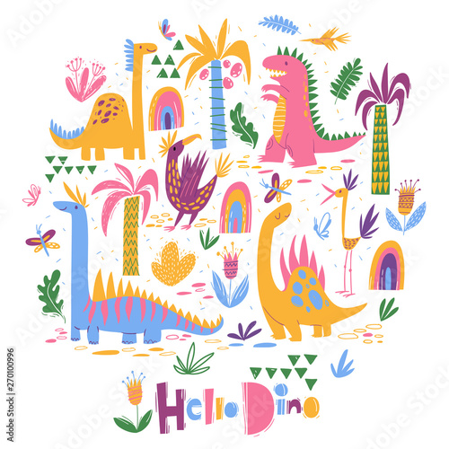 Vector design with cute dinosaurs in cute modern style 