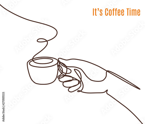 Vector coffee illustration drawn with one line. Hand with a cup of coffee.
