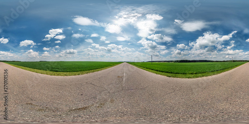 full seamless spherical hdri panorama 360 degrees angle view on asphalt road among fields in summer day with awesome clouds in equirectangular projection, ready for VR AR virtual reality content