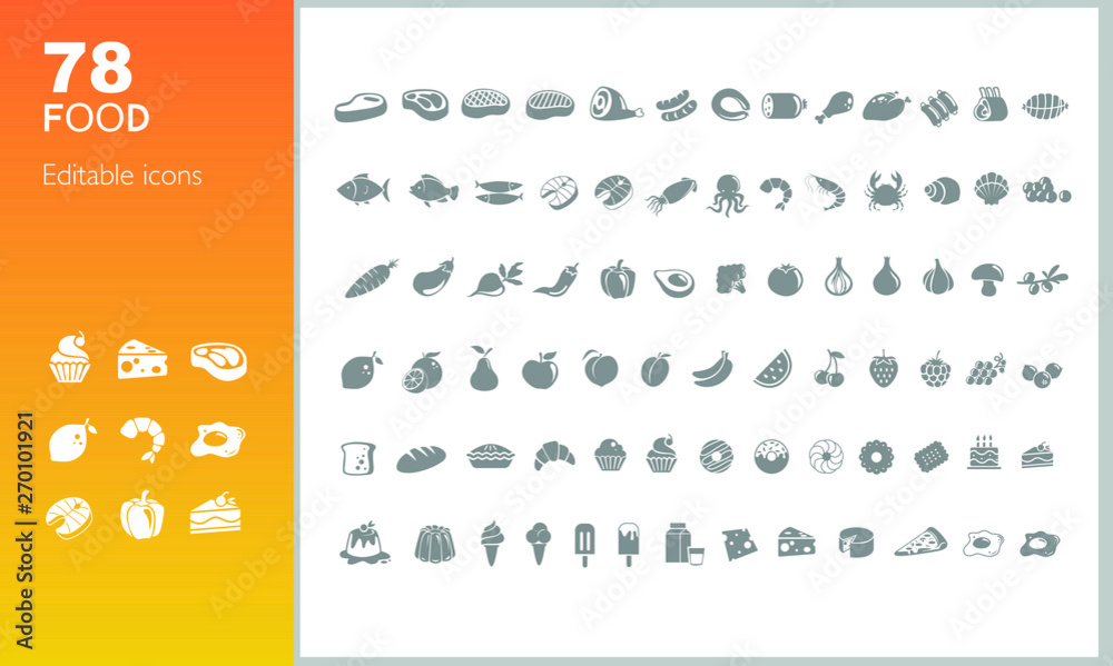 Set iconos de Comida. para tienda, comercio, restaurante, menú, web, packaging 