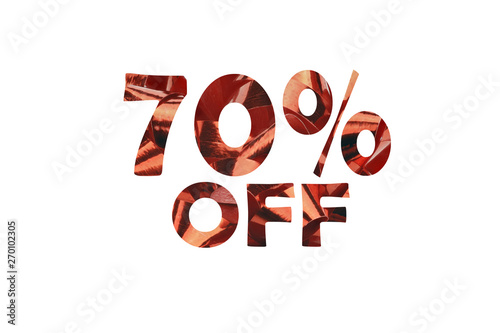 Discount 70% symbolized by a text cut out of a gift loop 70% off